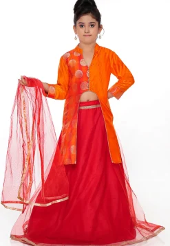 Woven Banarasi Silk Lehenga in Red and Orange