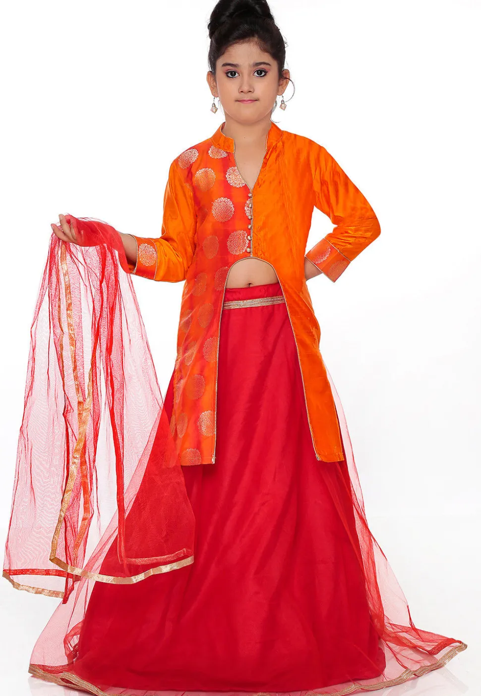 Woven Banarasi Silk Lehenga in Red and Orange