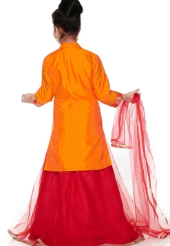 Woven Banarasi Silk Lehenga in Red and Orange