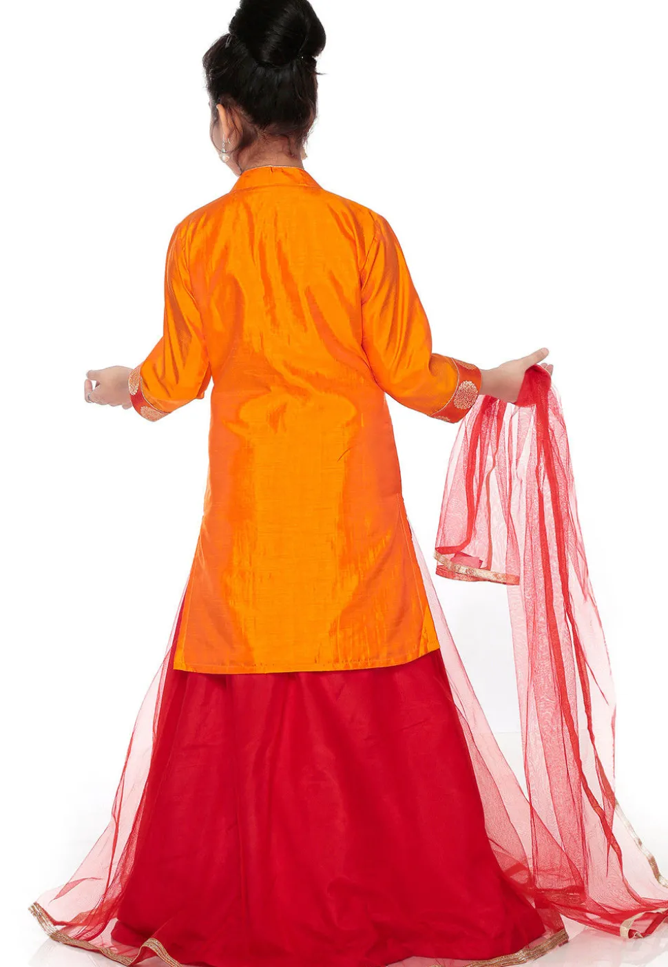 Woven Banarasi Silk Lehenga in Red and Orange