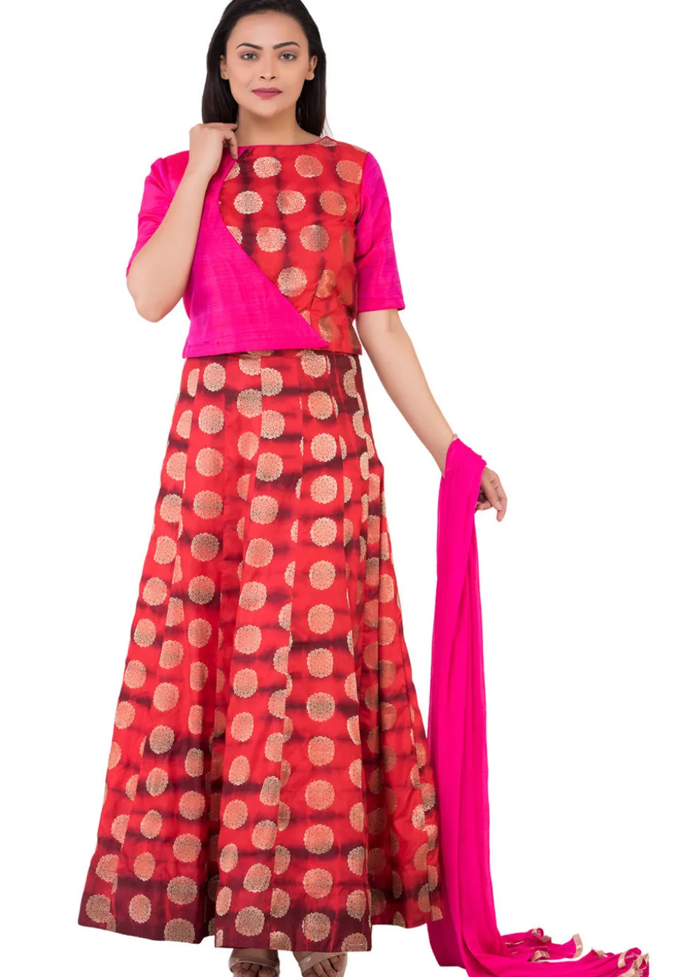 Woven Banarasi Silk Lehenga in Red and Maroon