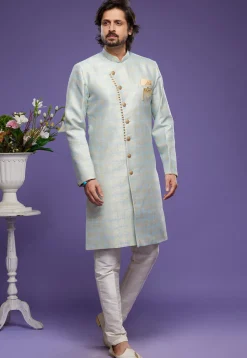 Woven Banarasi Silk Sherwani in Sky Blue