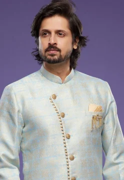 Woven Banarasi Silk Sherwani in Sky Blue