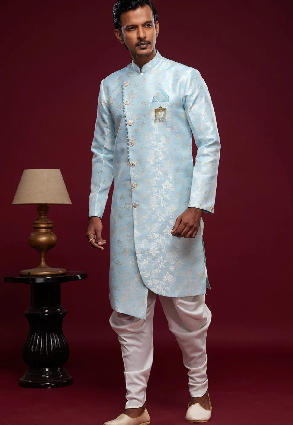 Woven Banarasi Silk Sherwani in Light Blue