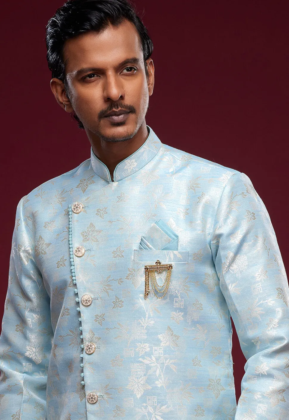 Woven Banarasi Silk Sherwani in Light Blue