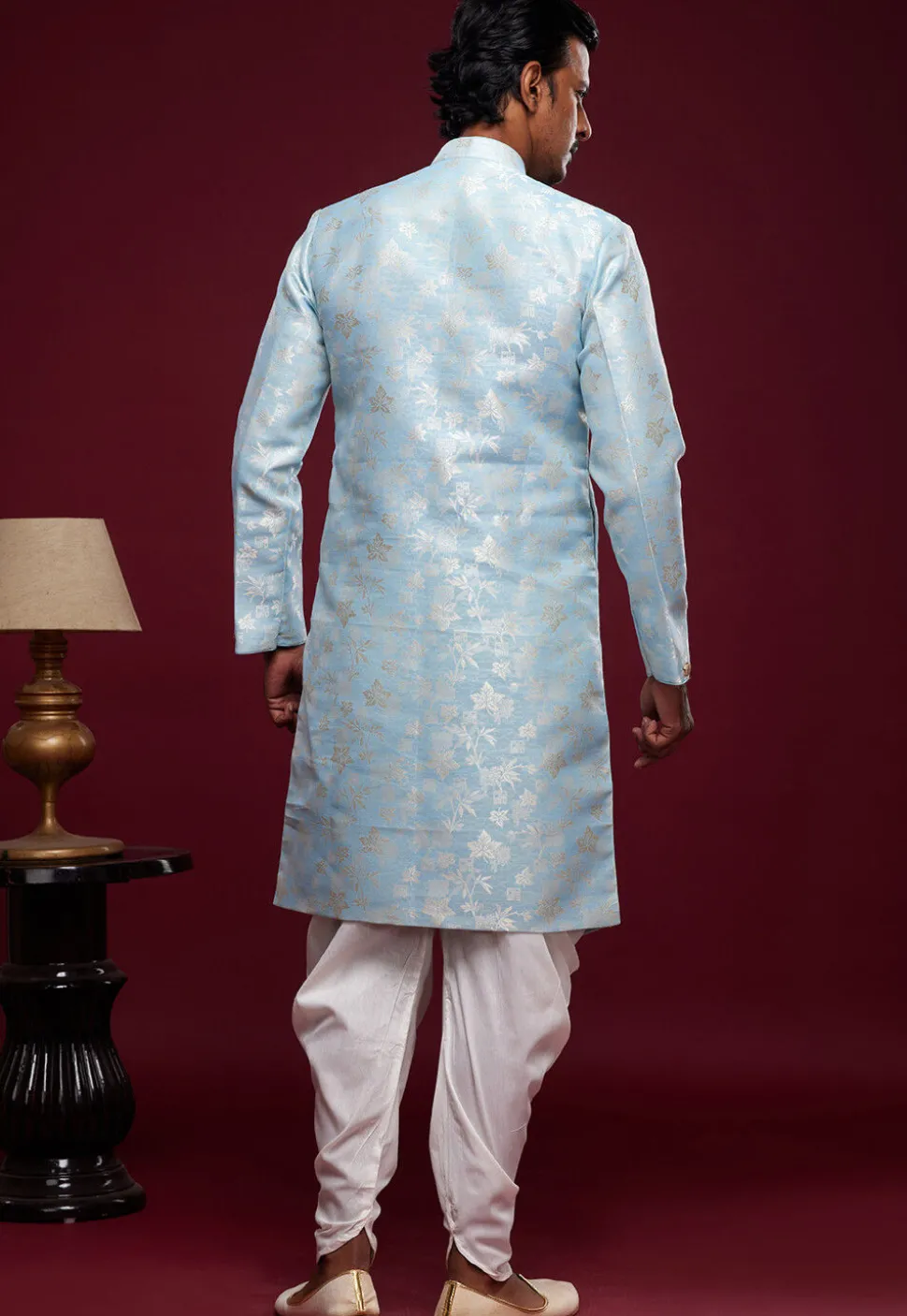 Woven Banarasi Silk Sherwani in Light Blue