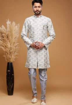 Woven Banarasi Silk Sherwani in Off White