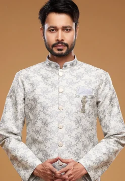 Woven Banarasi Silk Sherwani in Off White