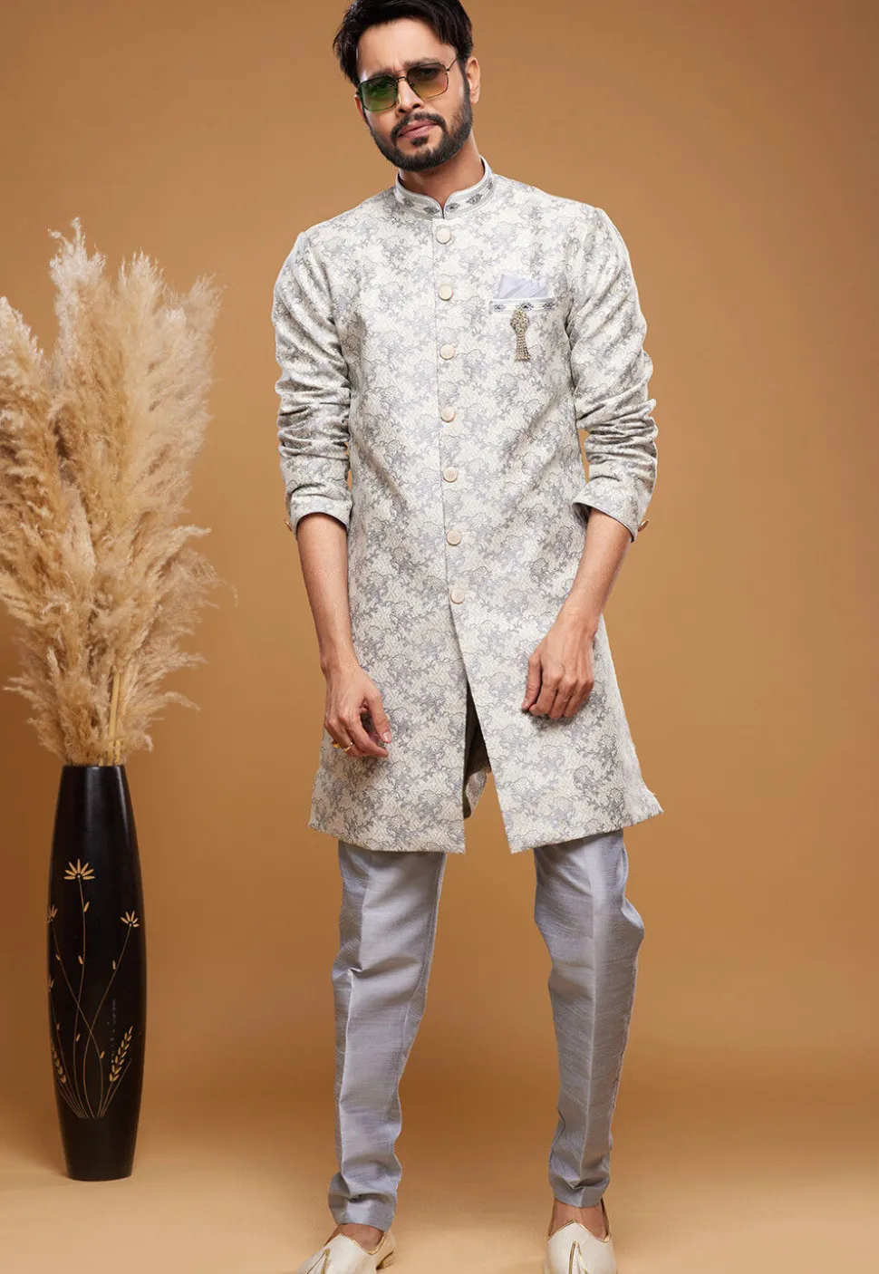 Woven Banarasi Silk Sherwani in Off White