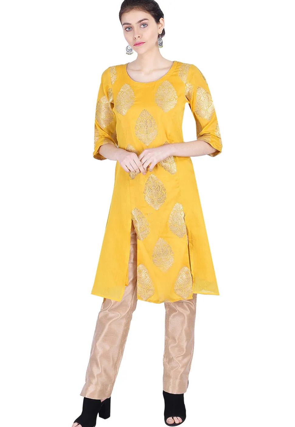 Woven Banarasi Silk Slitted Kurta in Yellow