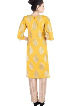 Woven Banarasi Silk Slitted Kurta in Yellow