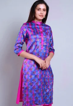 Woven Banarasi Silk Straight Kurta in Indigo Blue and Fuchsia