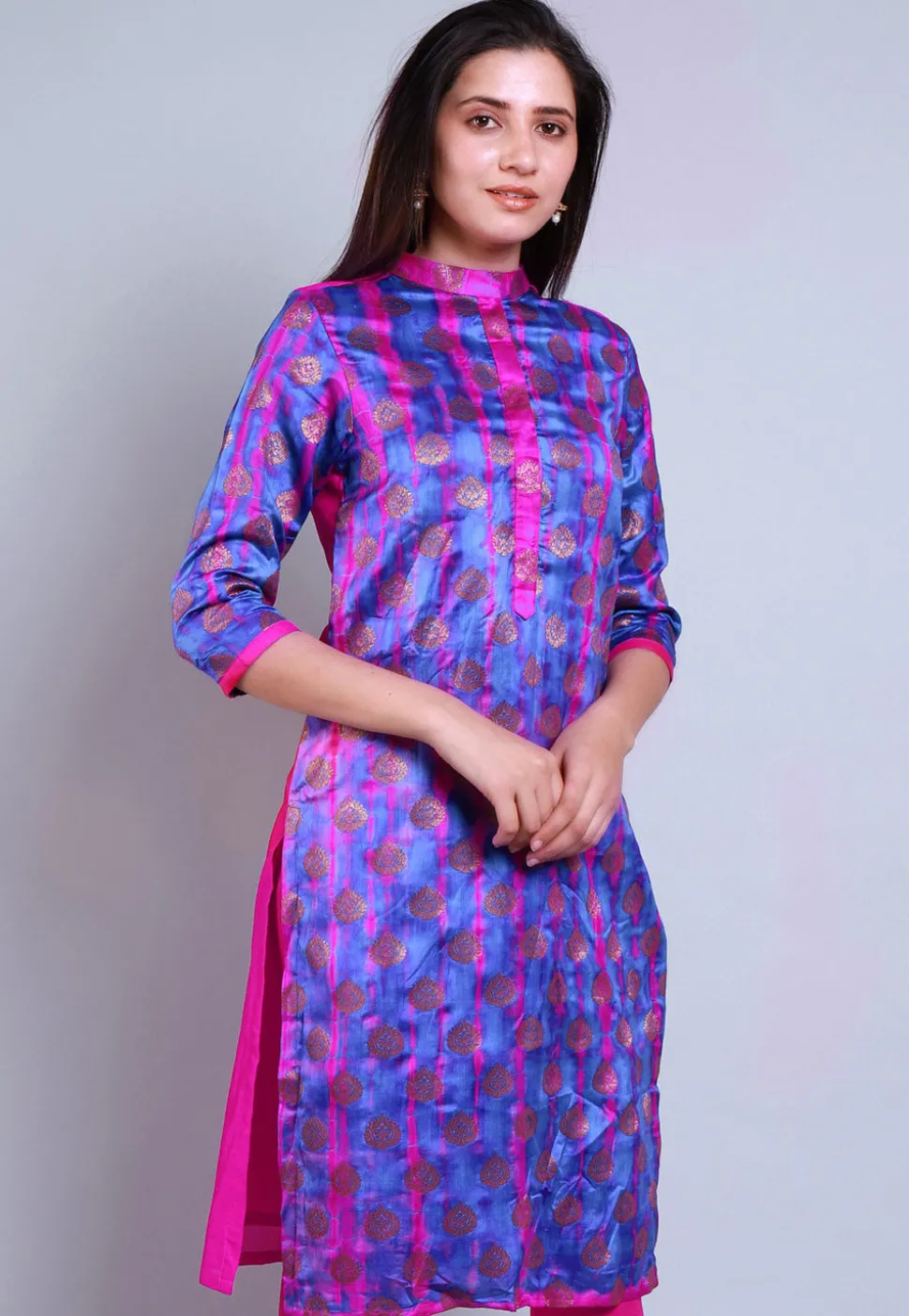 Woven Banarasi Silk Straight Kurta in Indigo Blue and Fuchsia