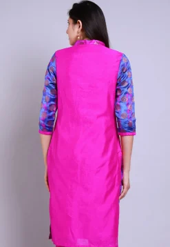 Woven Banarasi Silk Straight Kurta in Indigo Blue and Fuchsia