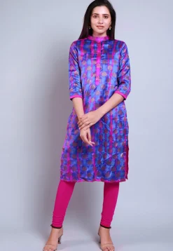Woven Banarasi Silk Straight Kurta in Indigo Blue and Fuchsia