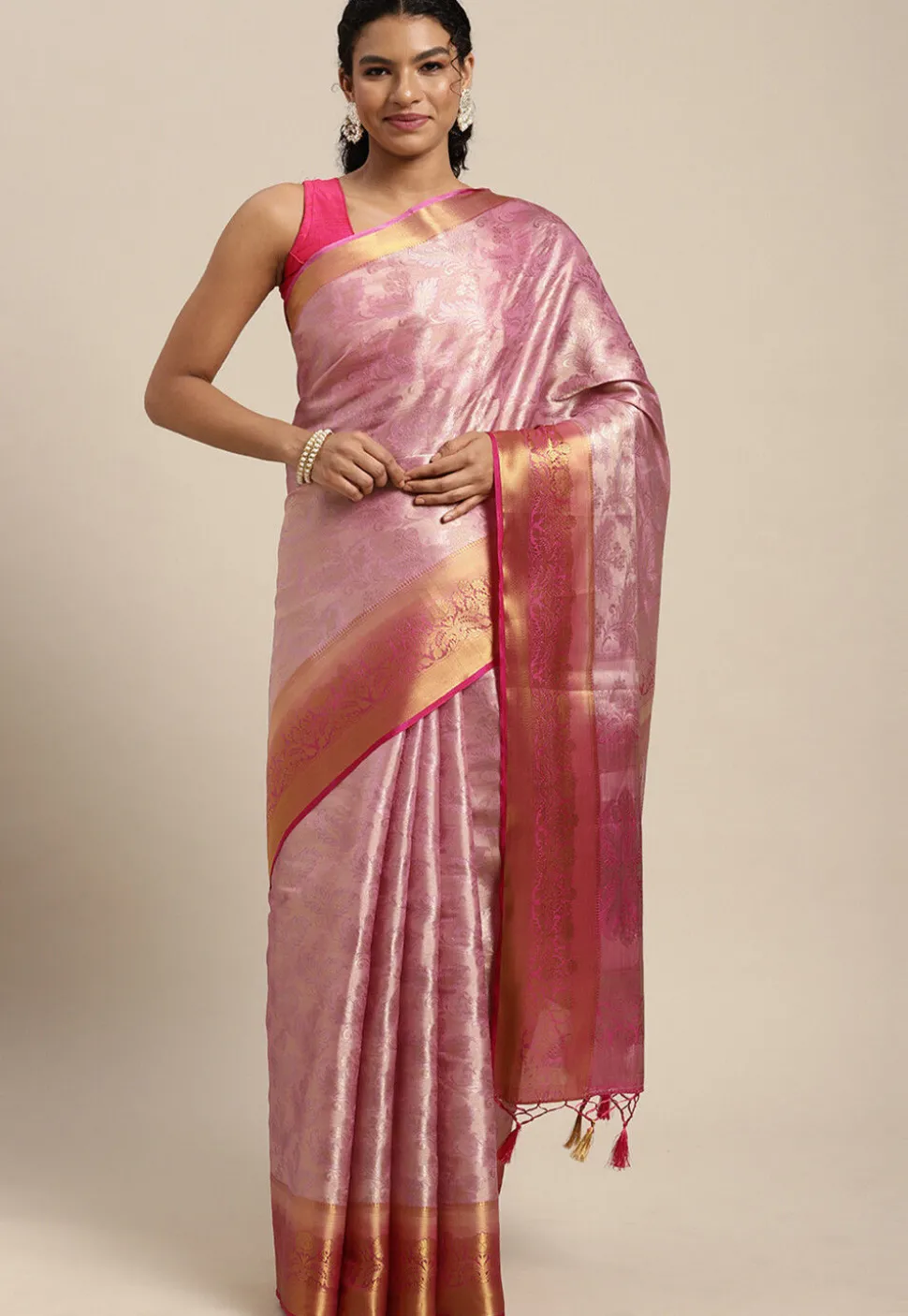 Woven Bangalore Silk Saree in Pink