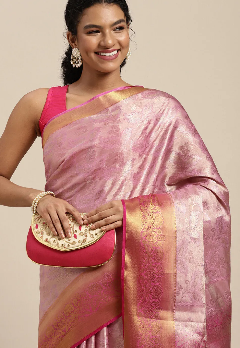 Woven Bangalore Silk Saree in Pink