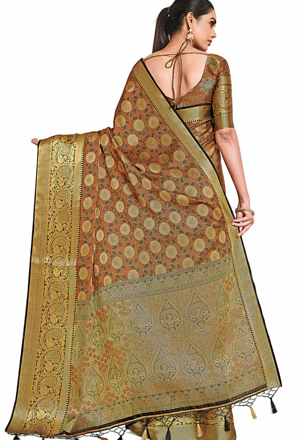 Woven Bangalore Silk Saree in Rust