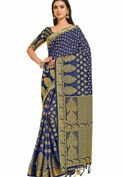 Woven Bangalore Silk Saree in Dark Blue