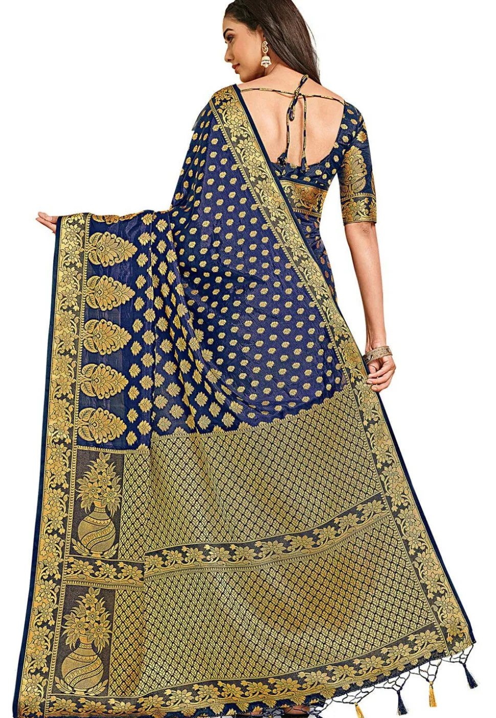 Woven Bangalore Silk Saree in Dark Blue