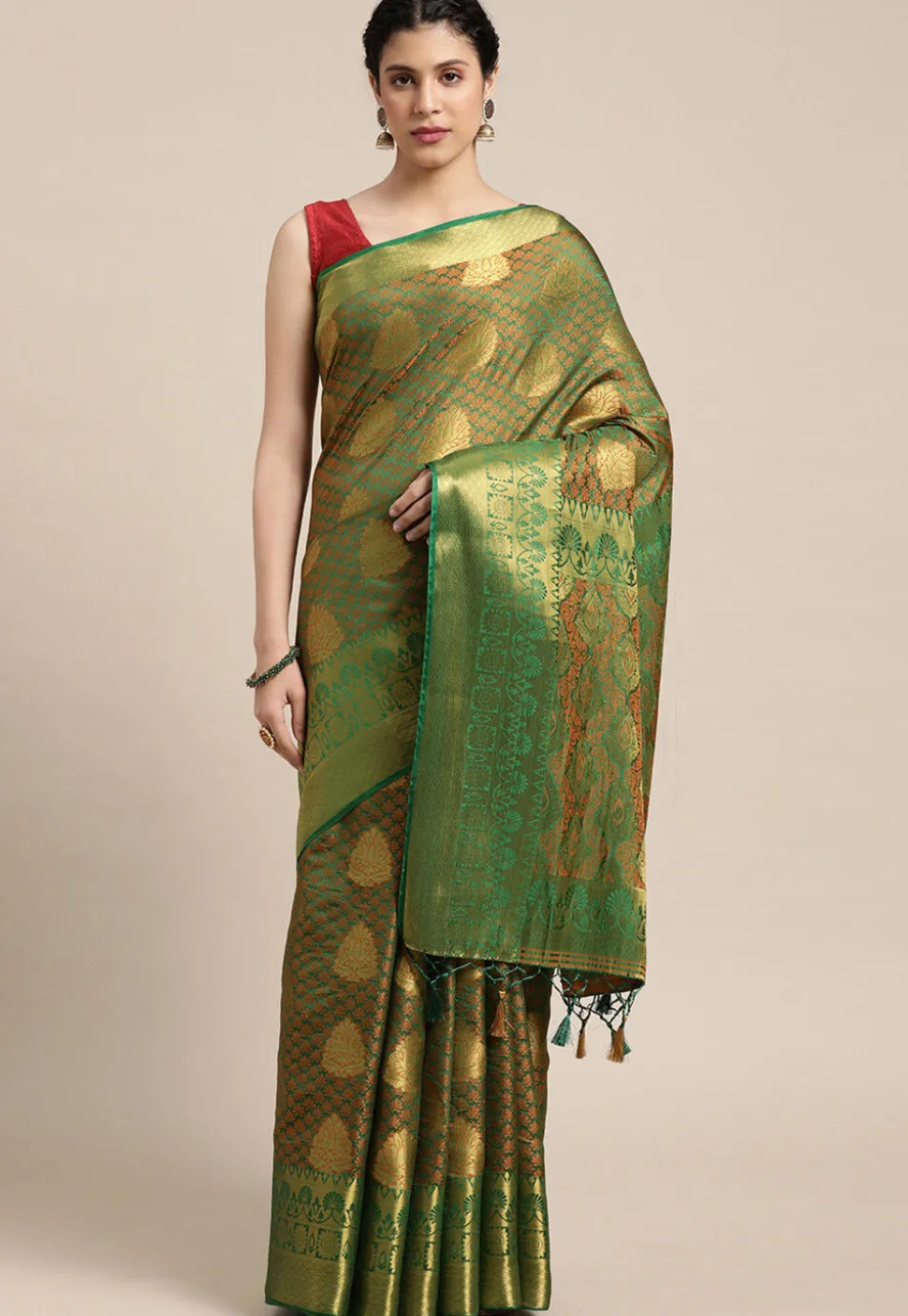 Woven Bangalore Silk Saree in Golden and Green