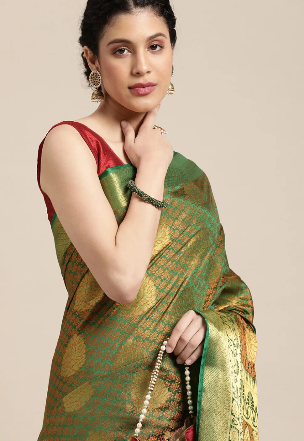 Woven Bangalore Silk Saree in Golden and Green