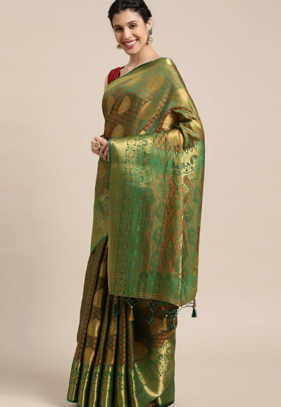 Woven Bangalore Silk Saree in Golden and Green