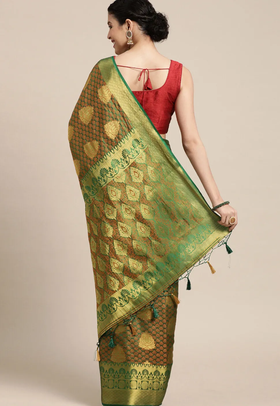 Woven Bangalore Silk Saree in Golden and Green