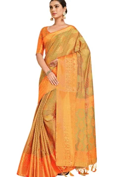 Woven Bangalore Silk Saree in Golden and Orange