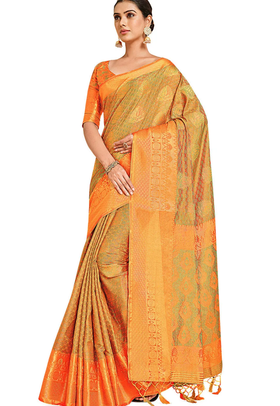 Woven Bangalore Silk Saree in Golden and Orange