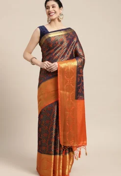 Woven Bangalore Silk Saree in Dark Blue