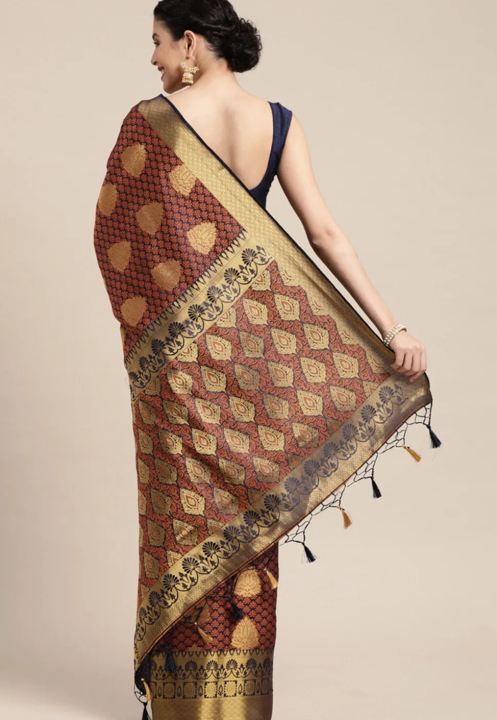 Woven Bangalore Silk Saree in Dark Blue