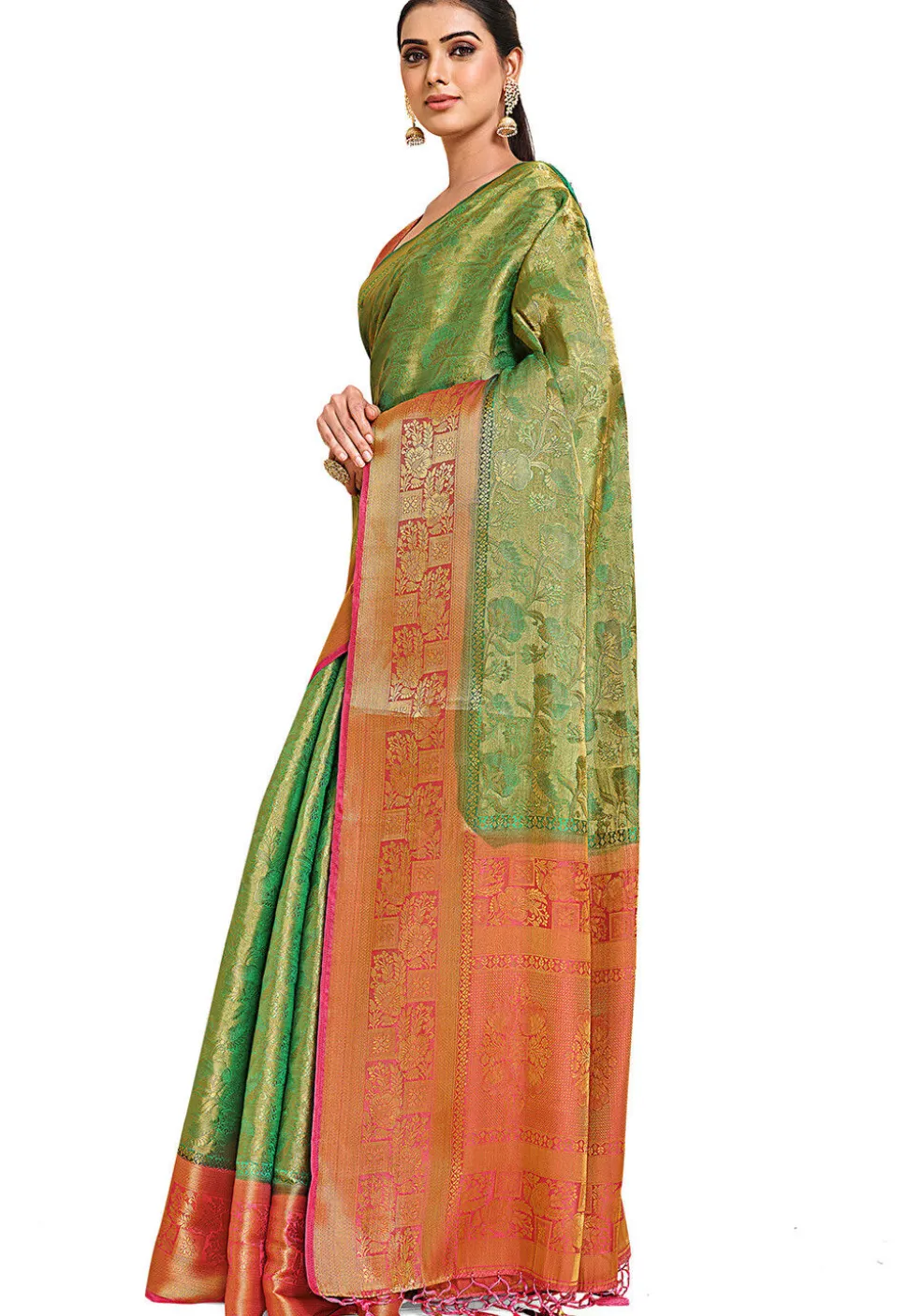 Woven Bangalore Silk Saree in Golden and Teal Green