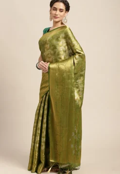 Woven Bangalore Silk Saree in Olive Green