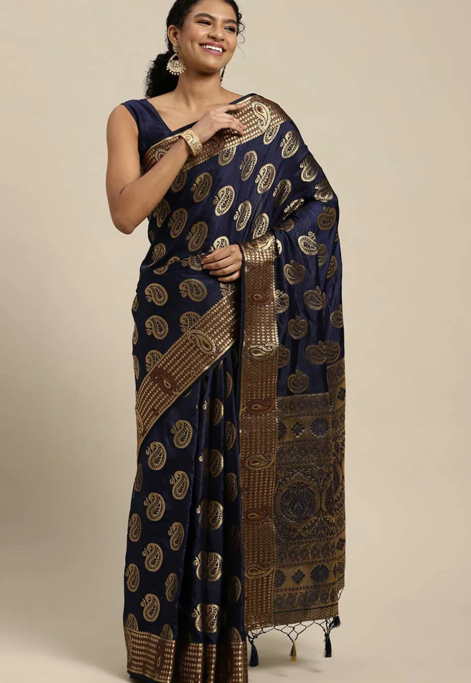 Woven Bangalore Silk Saree in Dark Blue