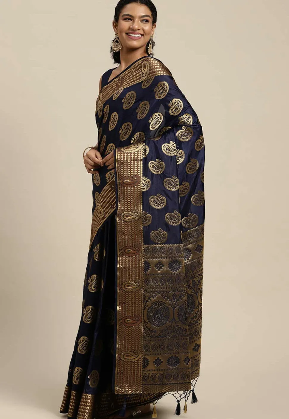 Woven Bangalore Silk Saree in Dark Blue
