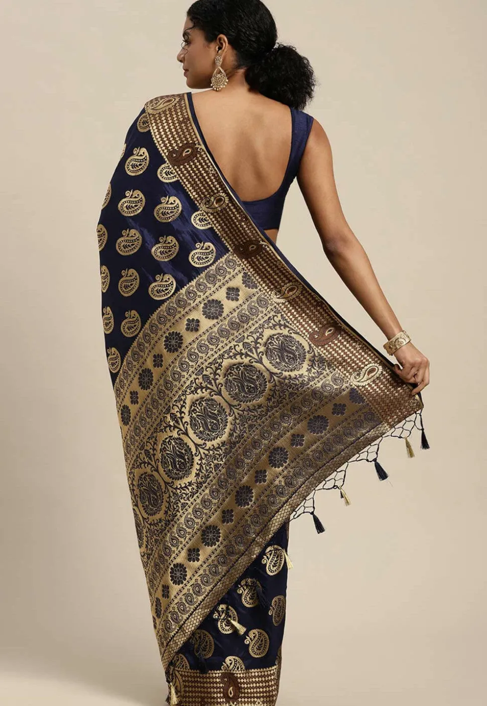 Woven Bangalore Silk Saree in Dark Blue