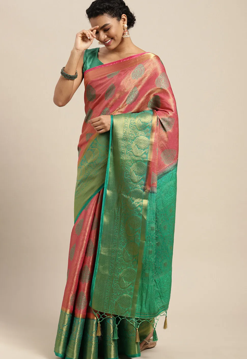 Woven Bangalore Silk Saree in Pink