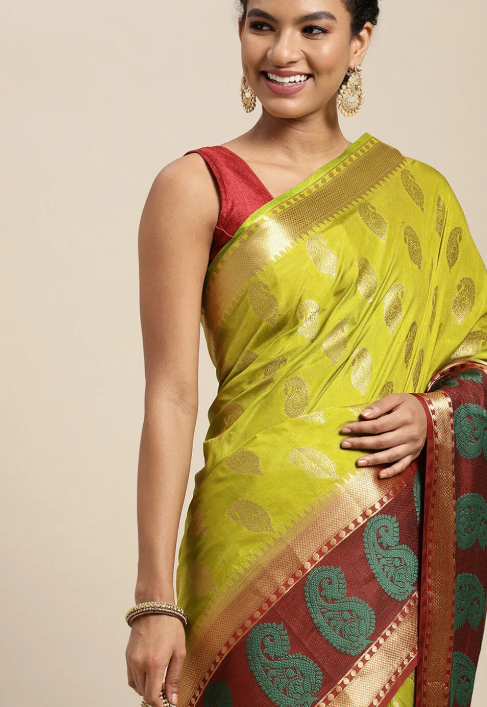 Woven Bangalore Silk Saree in Light Olive Green