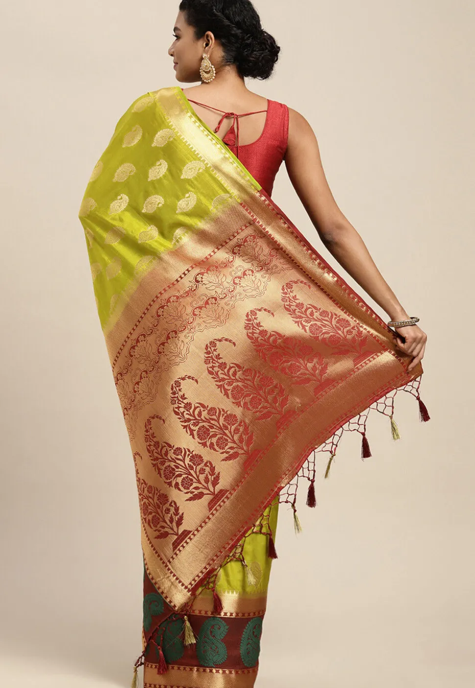 Woven Bangalore Silk Saree in Light Olive Green