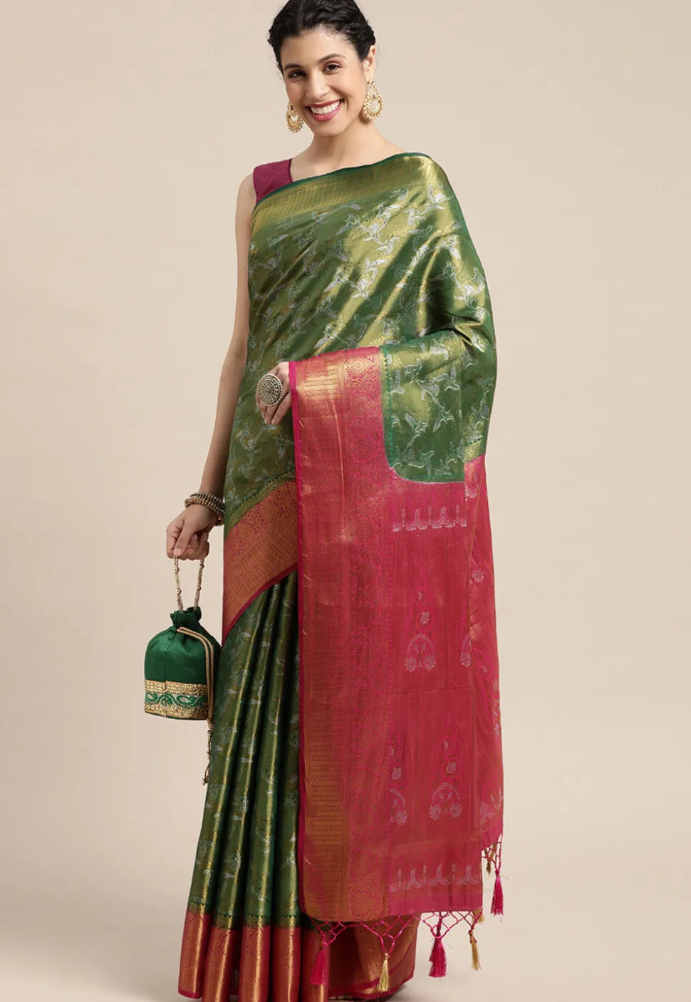 Woven Bangalore Silk Saree in Dark Green