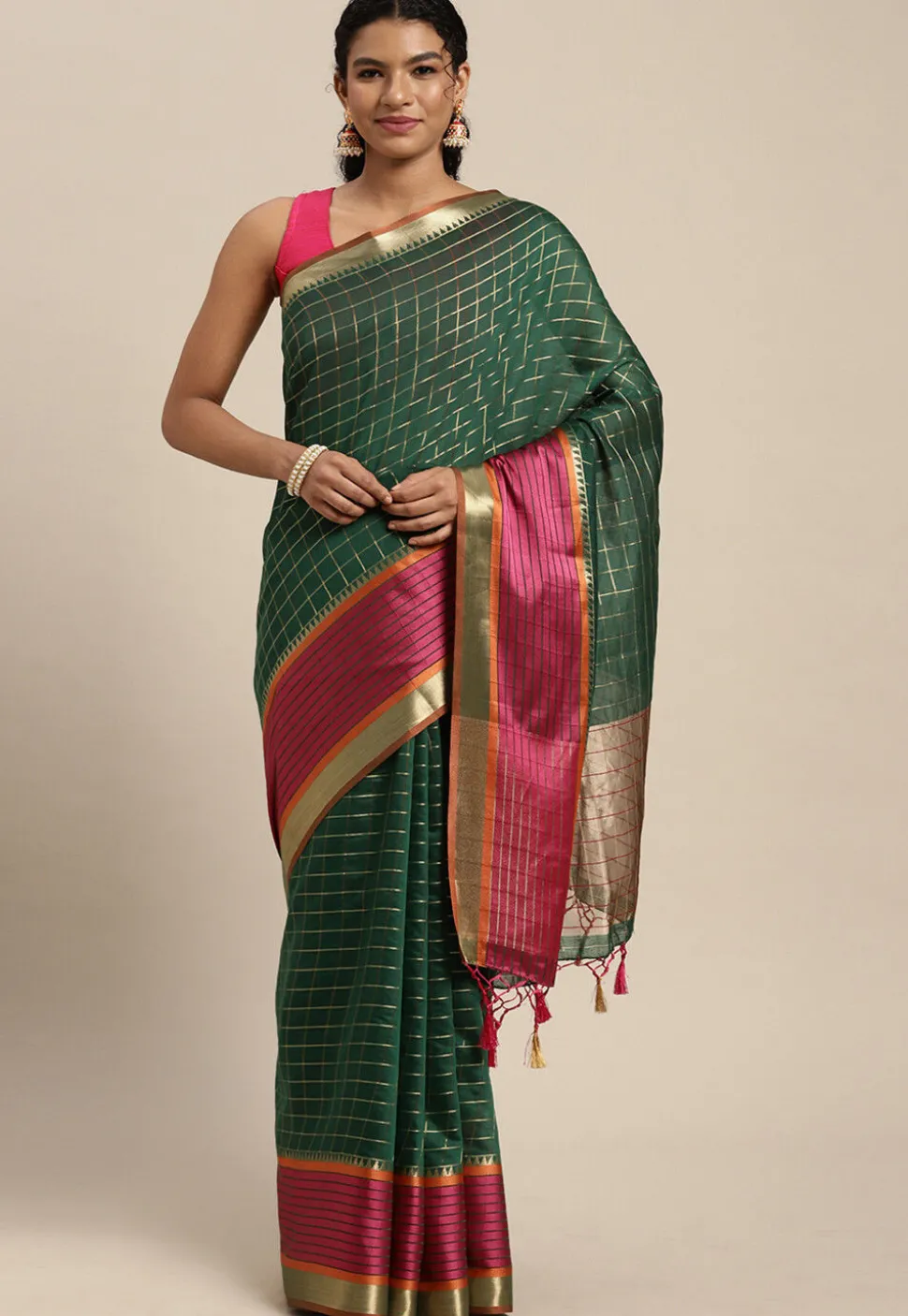 Woven Bangalore Silk Saree in Dark Green