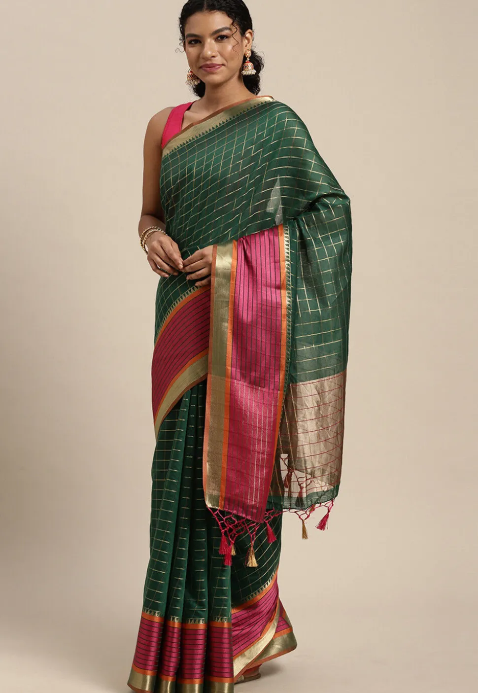 Woven Bangalore Silk Saree in Dark Green