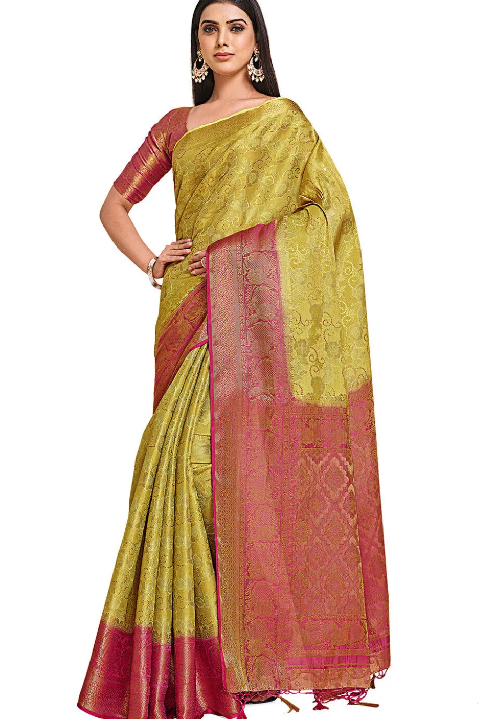 Woven Bangalore Silk Saree in Light Olive Green