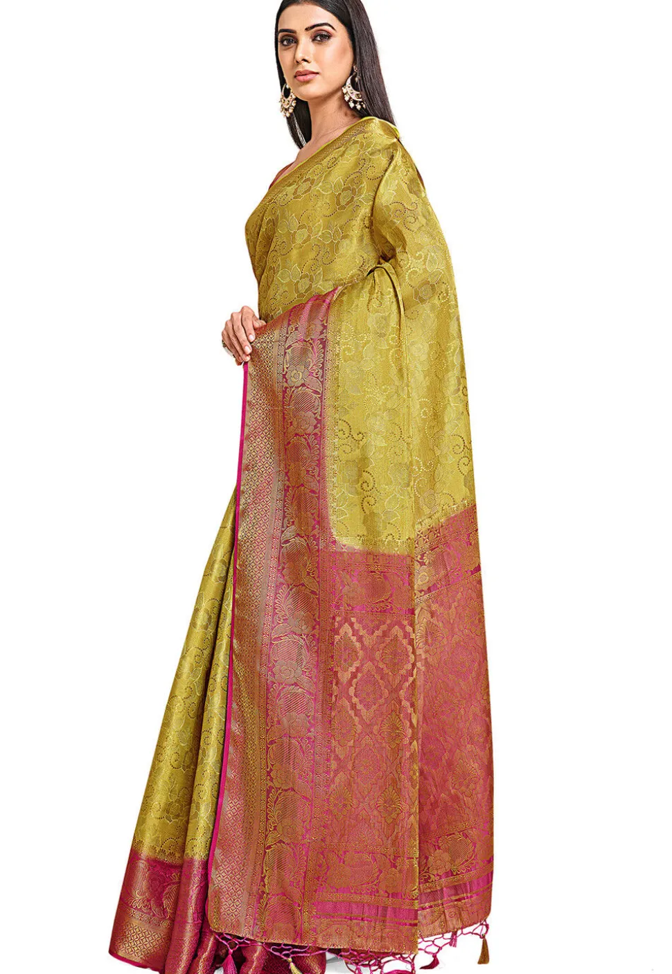Woven Bangalore Silk Saree in Light Olive Green