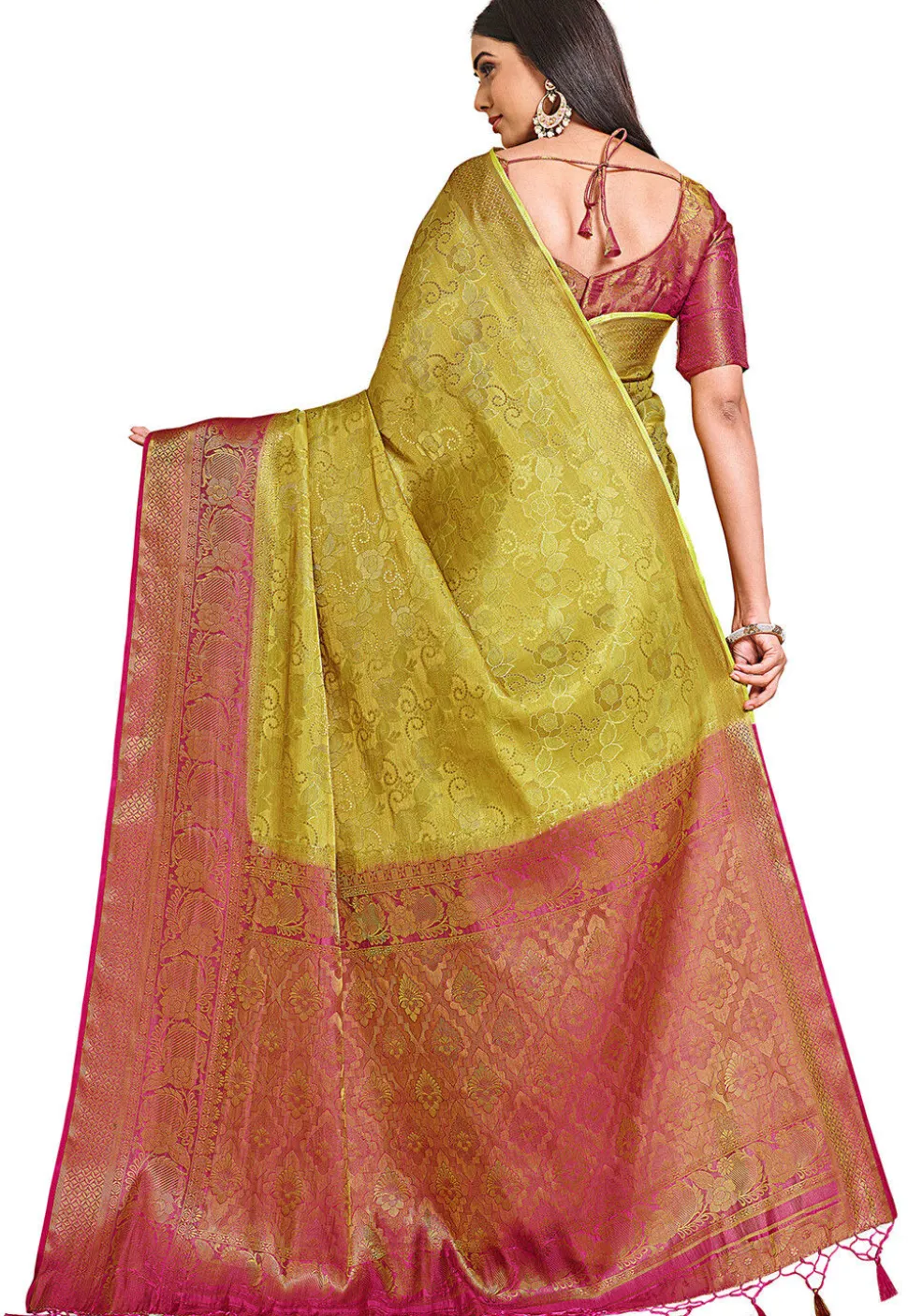 Woven Bangalore Silk Saree in Light Olive Green