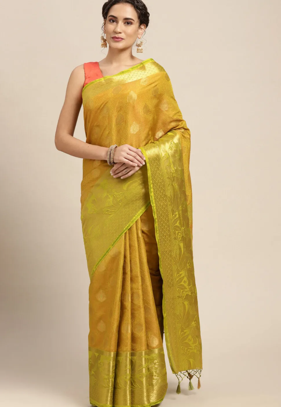 Woven Bangalore Silk Saree in Mustard