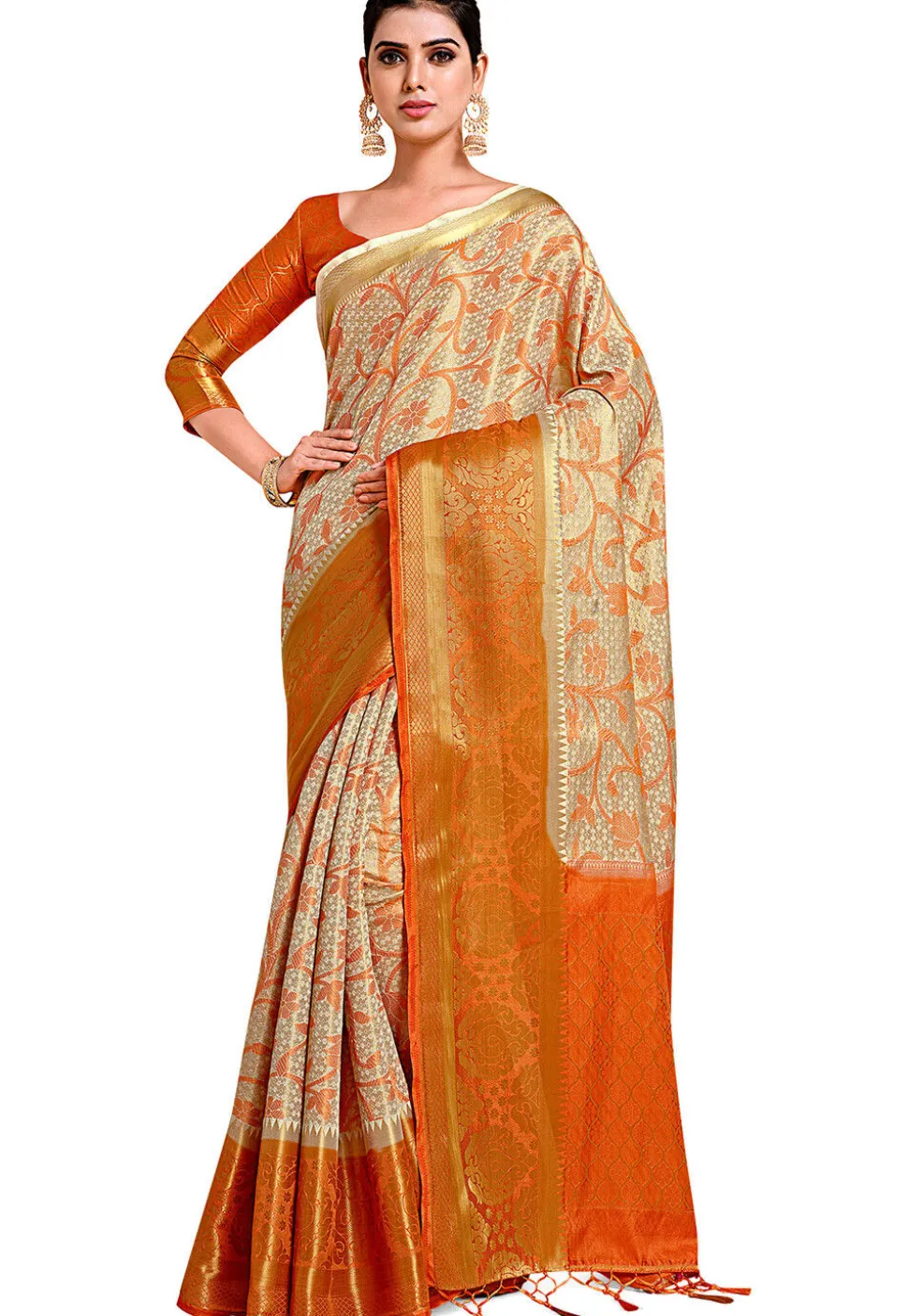 Woven Bangalore Silk Saree in Light Beige