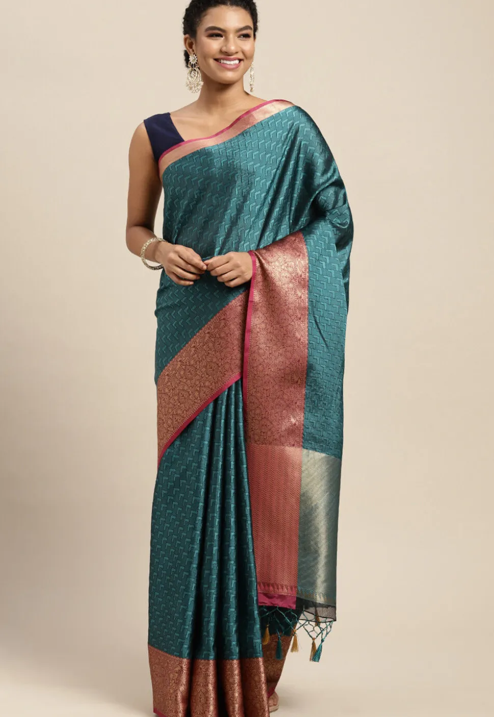 Woven Bangalore Silk Saree in Teal Blue