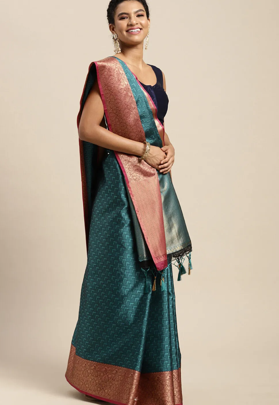 Woven Bangalore Silk Saree in Teal Blue